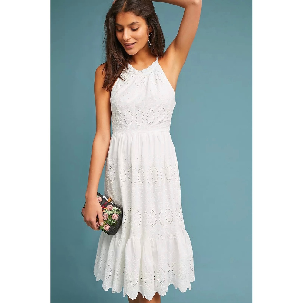 Maeve Anthropologie Tiered Eyelet Flounce Midi Dress White Halter Embroidered  0 - Picture 9 of 11